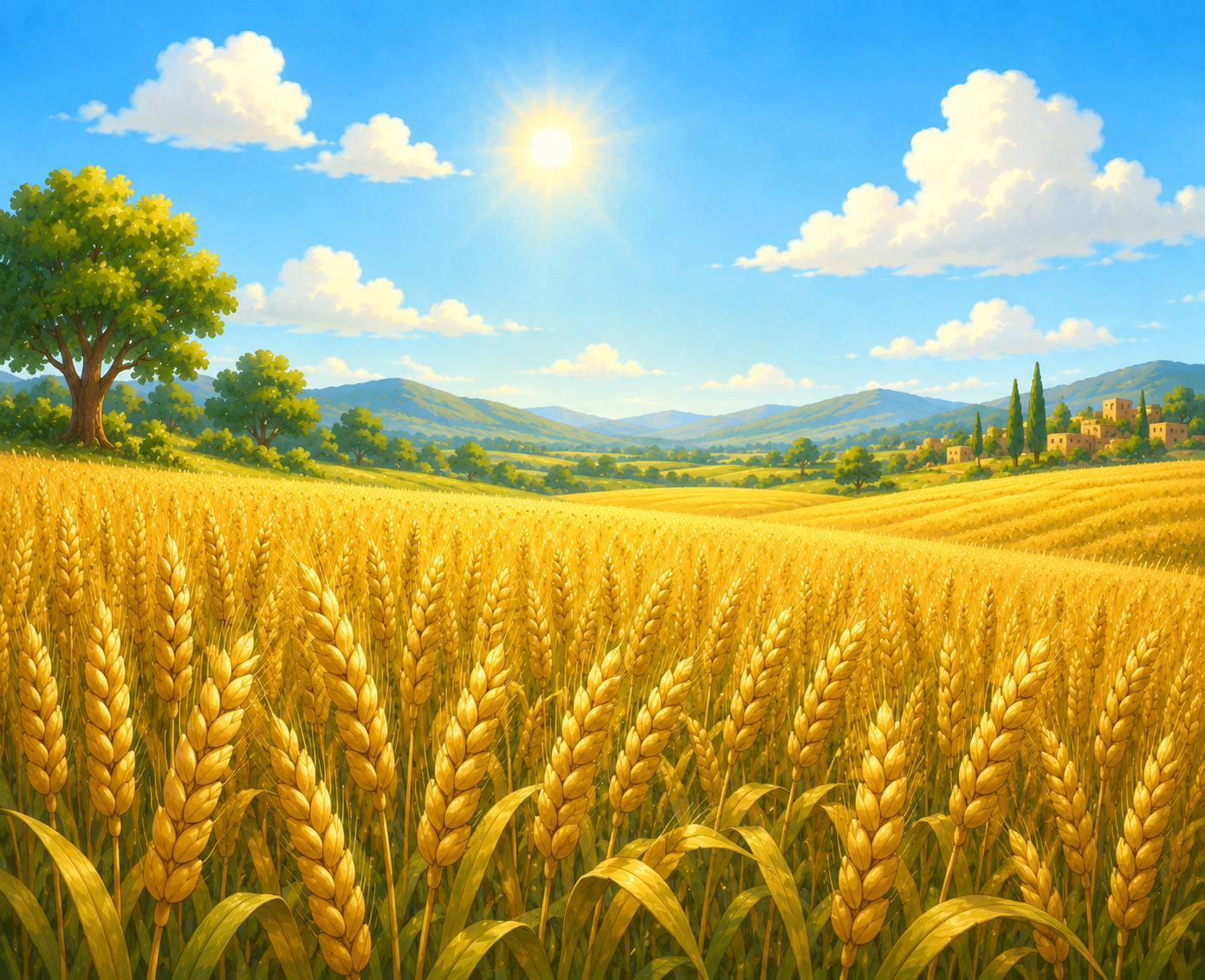 A golden wheat field growing under a bright sky