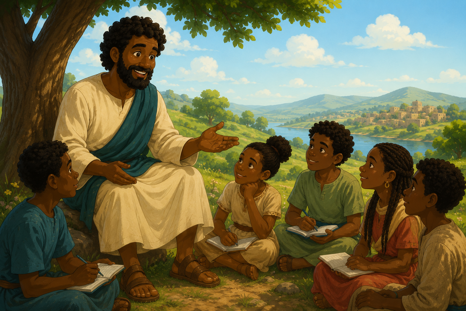 children listening to Jesus talk with little notebooks on their lap