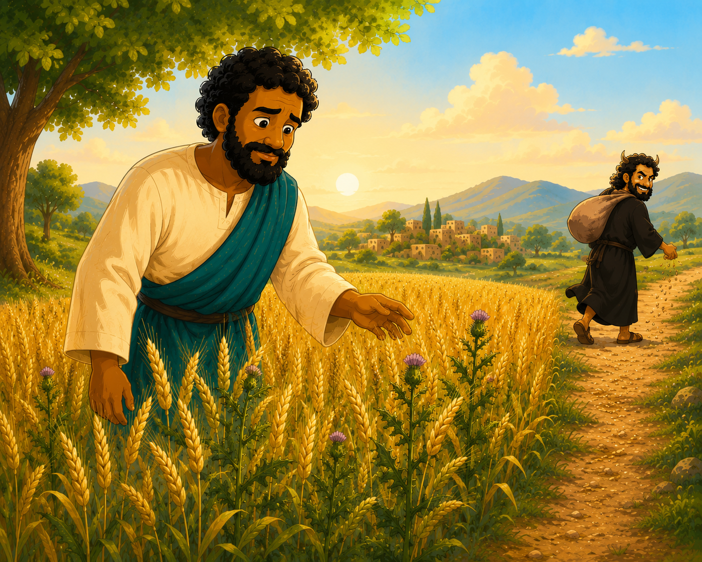 A farmer looking patiently over a field of wheat and weeds growing together